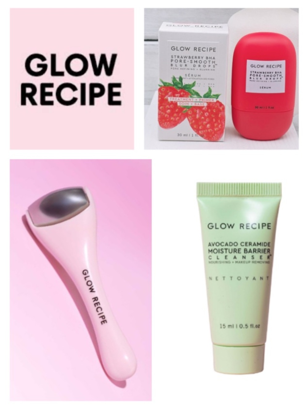 BUNDLE! Glow Recipe Eye Roller, Strawberry Blur Drops, Avocado Cleanser & Serum